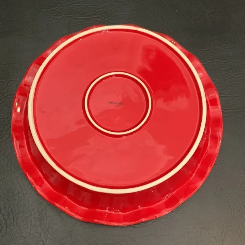 Ceramic Pie Baking Serving Dish Red White Fluted  9 Inch Valentines Christmas